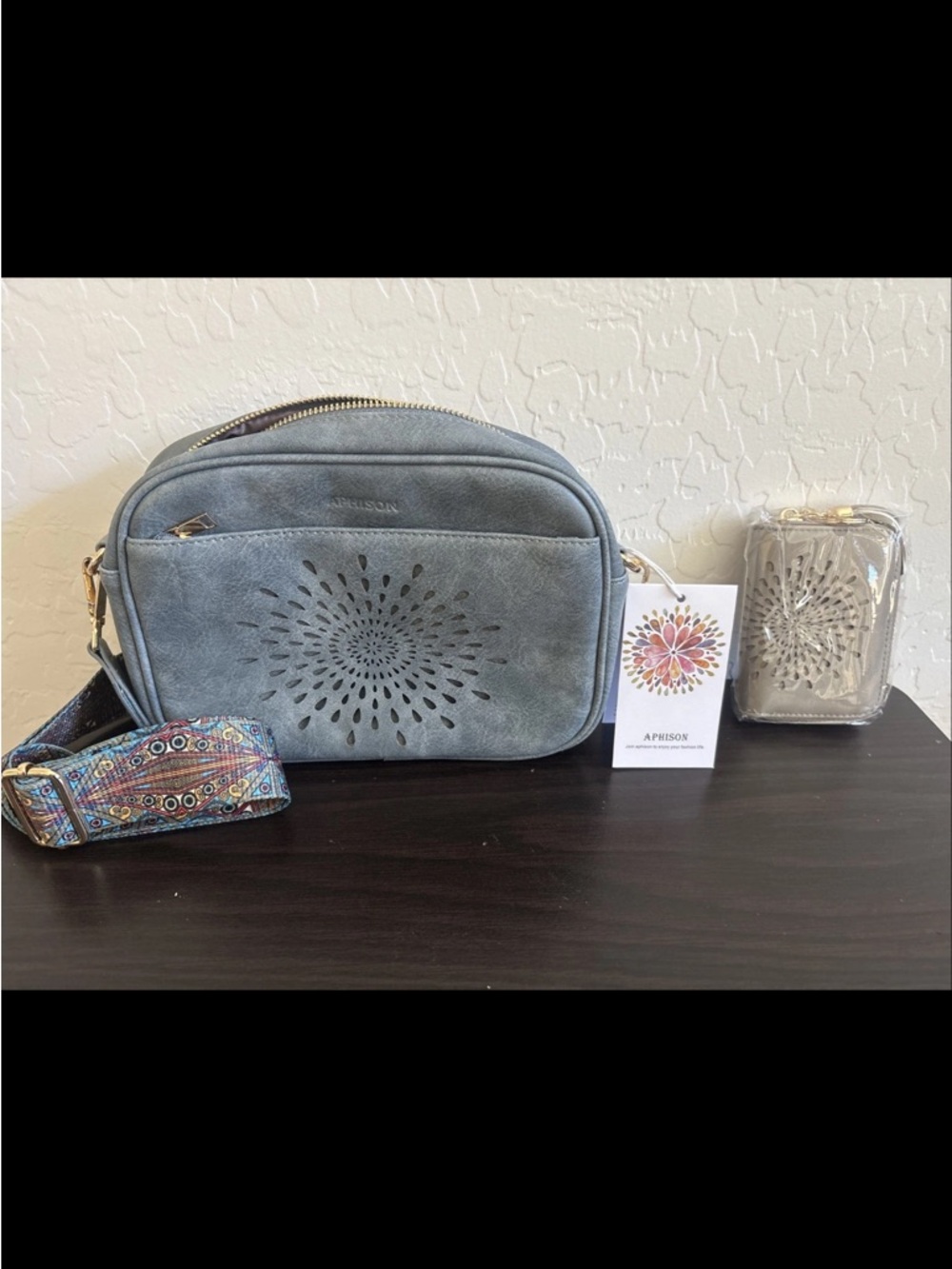APHISON Sunflower Crossbody Bag & Wallet Set - Blue Vegan Leather Boho Strap